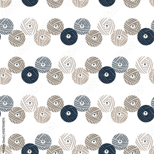 Seamless pattern of yarn balls and skeins in hand drawn cozy style. Vector flat illustration with soft pastel colors. Perfect for designs related to knitting, crochet, handmade crafts 