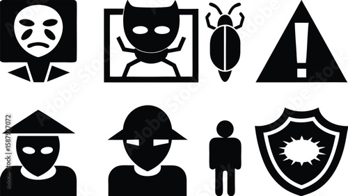Security icons including masked figures bug and shield cyber security threat icons