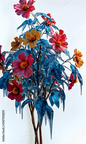Colorful Floral Tree with Blue Ice Elements and Vibrant Blossoms