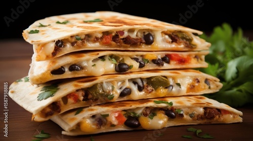 Stacked quesadillas with black beans and cheese.