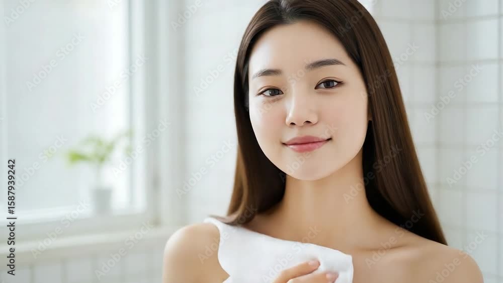 Serene Woman Practicing Self-Care with Soft Towel in Bright Minimalist Bathroom Setting Serene Woman Practicing Self-Care with Soft Towel in Bright Minimalist Bathroom Setting