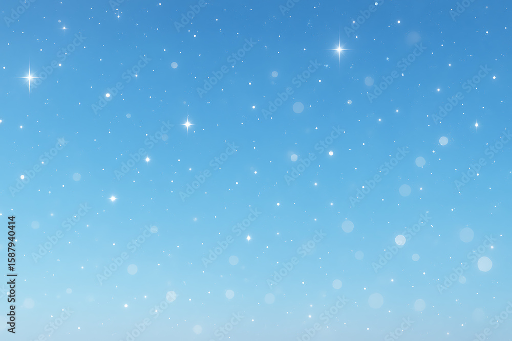 Fototapeta premium Bright blue sparkling sky background with stars and bokeh lights.