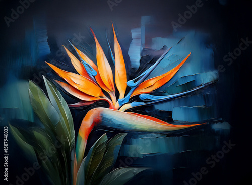 Vibrant bird of paradise flower depicted against a dark, expressive, painterly background.  The colors are rich and the style is impressionistic.