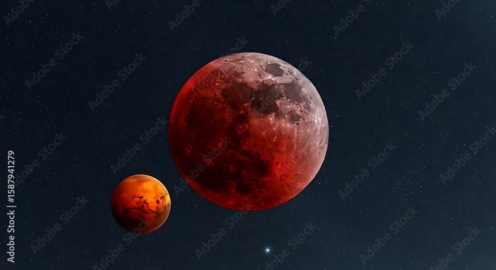 Naklejka premium Ethereal vision of mars and the moon during a lunar eclipse against a starry night sky