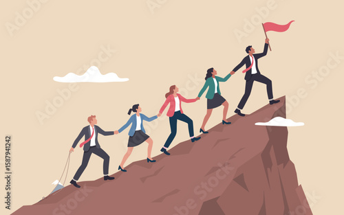 Leadership and Teamwork Concept Illustration with Diverse Business People Following Leader to Mountain Peak, Symbol of Vision, Strategy, and Corporate Success, Isolated on White Background

