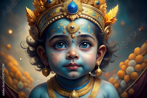 Divine child krishna adorned in golden crown and jewelry