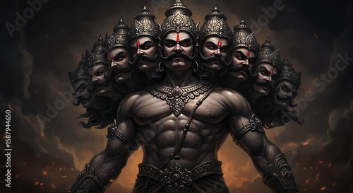 Dramatic Ravan Illustration with Ten Heads and Fiery Lighting