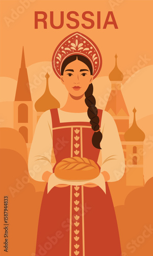 Russia. Flat bright vector illustration of Russian woman in traditional dress with kokoshnik holding bread karavai in front of abstract Russian architecture. Warm symbol of heritage and hospitality