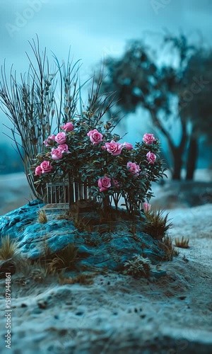 Tranquil Garden with Pink Roses Surrounded by Natural Elements