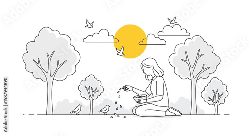 Illustration of a woman kneeling and feeding birds in a park setting with trees, clouds, and a bright yellow sun.
