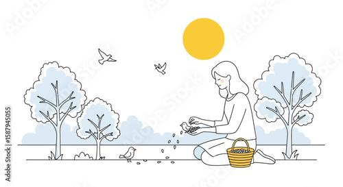 Woman kneeling in a park, feeding birds from her hands and a basket under a bright sun, surrounded by trees.
