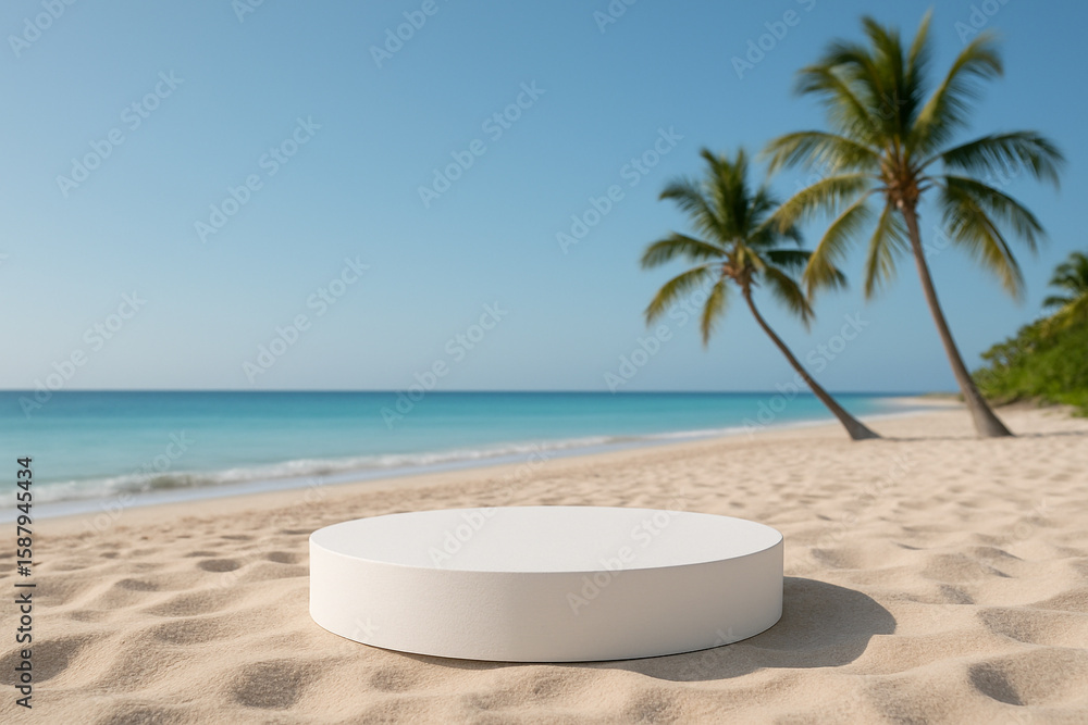 A pristine beach with a minimalist white product display, perfect for tropical summer product showcasing A pristine beach with a minimalist white product display, perfect for tropical summer product showcasing