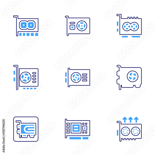 Graphics card icon set. Bold line style. Duotone colors. Editable stroke. graphic card, graphics card, video card, vga card, gpu
