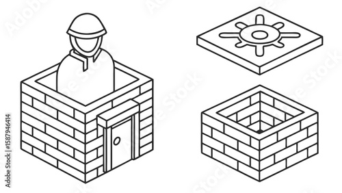 Soldier in bunker with ventilation grate and empty structure military