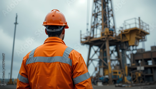 Realistic HD image of an oil field worker from behind, wearing safety gear and working around drilling equipment. Face not visible, muted tones, natural lighting, and professionally composed for edito
