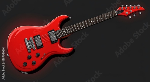 A red and black electric guitar on a dark background