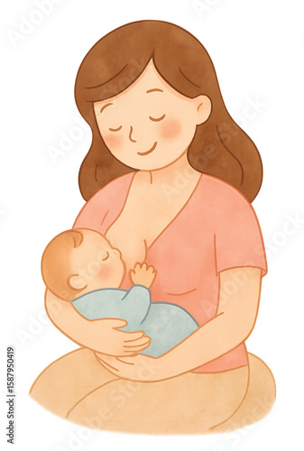 Mother Breastfeeding Baby – Pastel Watercolor Illustration (Transparent PNG)