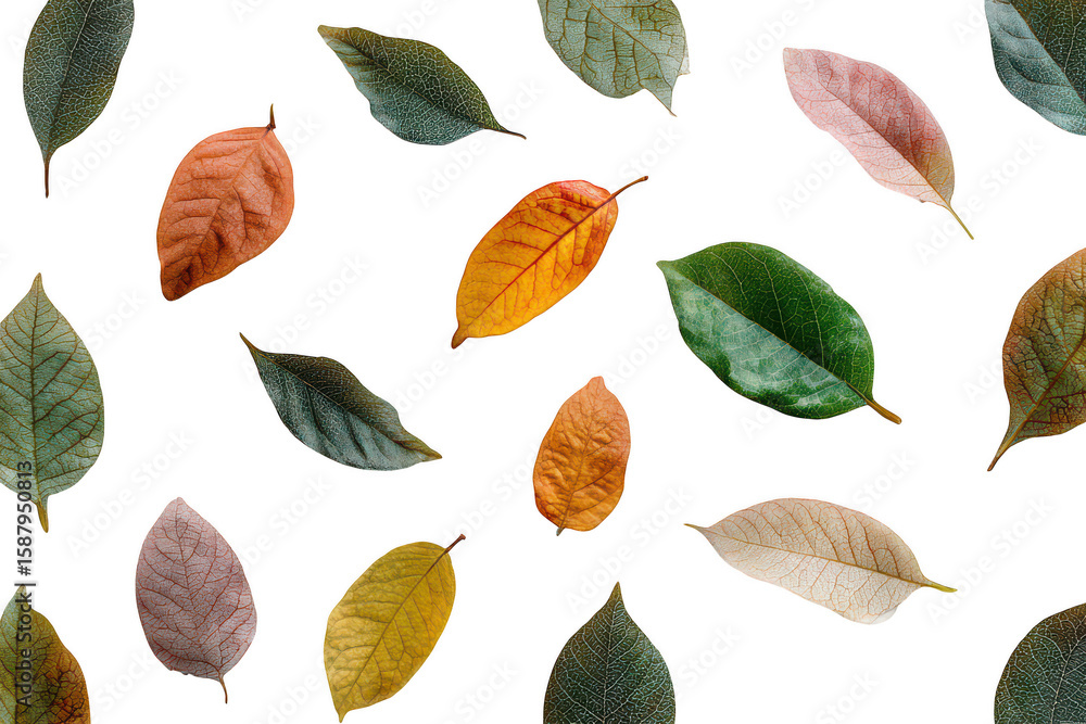Obraz premium Scattered autumn leaves in various colors isolated on transparent background