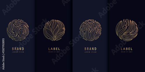 Vector set of line leaves circle logos, floral round luxury design, abstract spa floral emblems. Beauty monogram graphic.