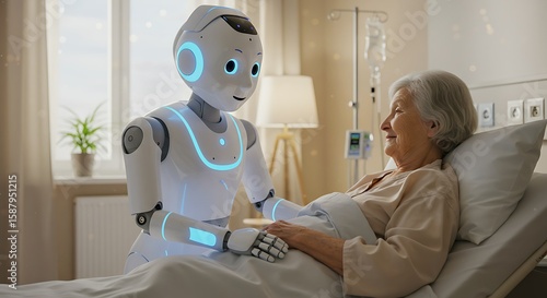 A humanoid robot attends to an elderly woman lying in a hospital bed, providing companionship and assistance.