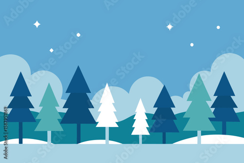 Winter Landscape Illustration: Snowy Scene with Evergreen Trees, Clouds, and Stars - Vector Graphic for Holiday Designs