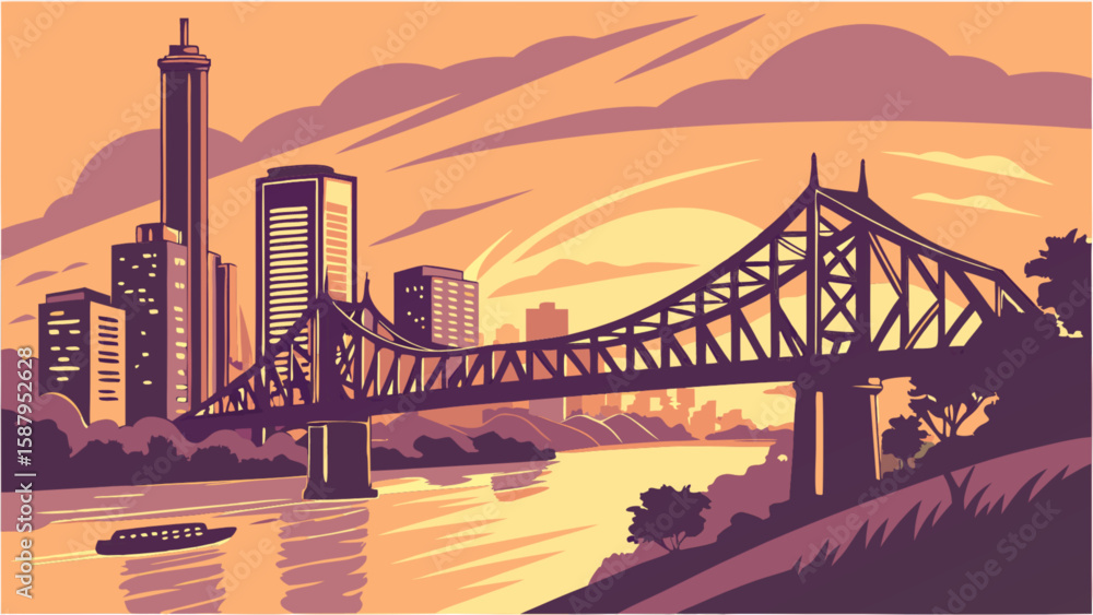 Obraz premium Cityscape bridge river sunset vector illustration for travel and tourism background design landscape art