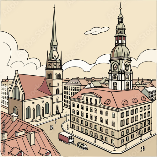 Riga cityscape illustration featuring historic buildings, churches, and architecture in latvia, europe
