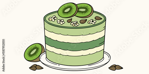 Layered green smoothie topped with fresh kiwi slices and crunchy walnuts vector illustration.
