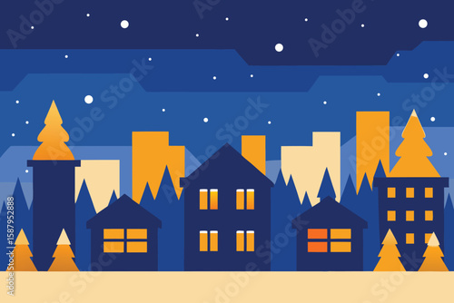Winter Night Cityscape Vector Illustration: Buildings, Trees, Snow, Stars, Dark Blue & Yellow Graphic Design for Holiday Season