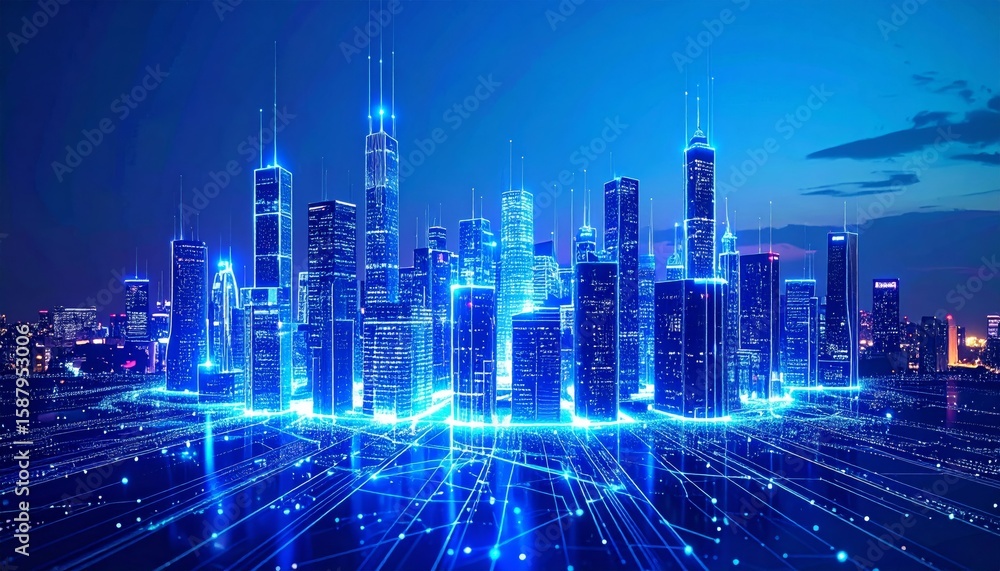 Obraz premium Abstract blue city skyline with illuminated skyscrapers at night, an urban cityscape vector illustration