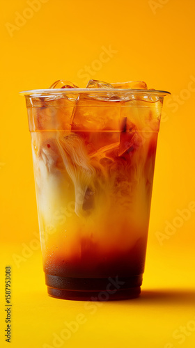 Wallpaper Mural A vibrant professional photo of iced coffee with three-tone gradient--pale orange top, bold orange center, deep brown coffee at the base--in a standard clear plastic cup. Bright yellow background enha Torontodigital.ca