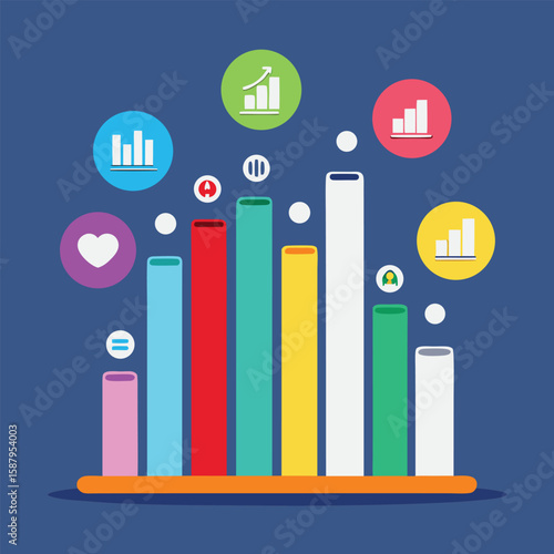 Colorful bar graph illustration displaying statistical data with circular icons representing various aspects and data visualizations