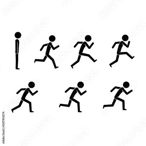 A sequence of minimalist black stick figures illustrates the dynamic motion of a person transitioning from standing still to full-speed running.