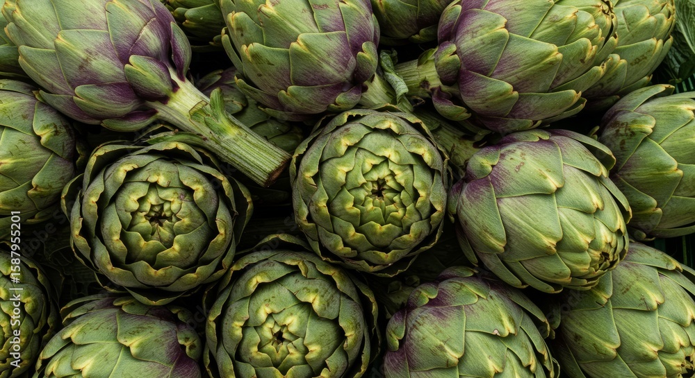 Obraz premium Close-up of fresh green and purple artichokes