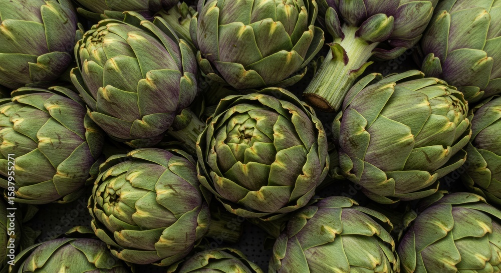 Fototapeta premium Close-up of fresh green and purple artichokes