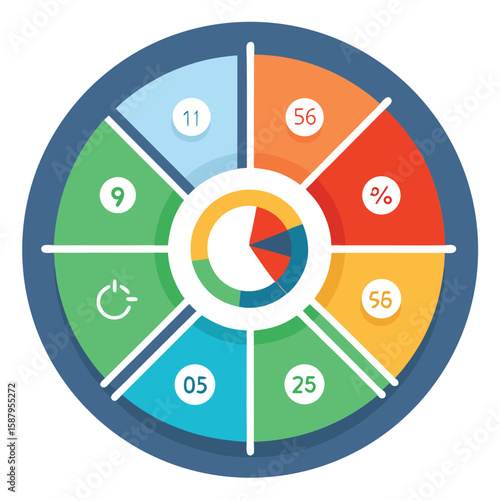 Colorful data visualization and chart representation displaying diverse business statistical information with circular infographic element
