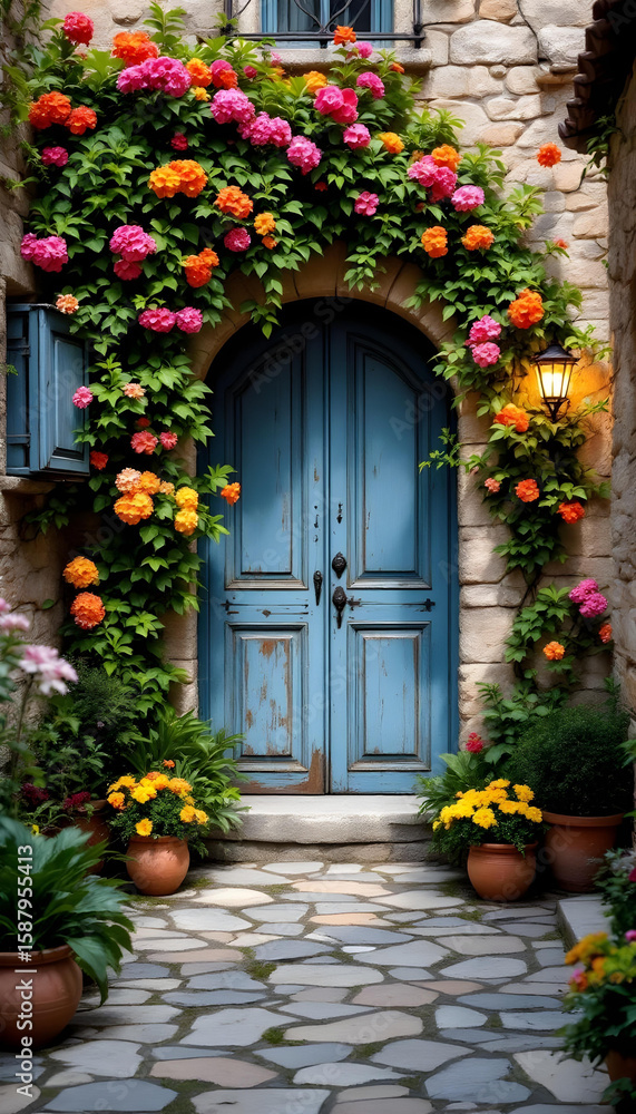 Fototapeta premium Charming stone villa entrance with blue door, vibrant flowers, and warm sunlight. 
