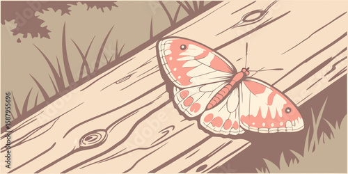 pink butterfly adorned with white and orange markings resting on aged wooden surface vector illustration.