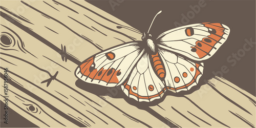 White butterfly adorned with white and orange markings resting on aged wooden surface vector illustration.