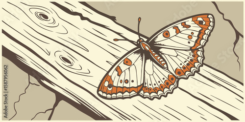 White butterfly adorned with white and orange markings resting on aged wooden surface vector illustration.