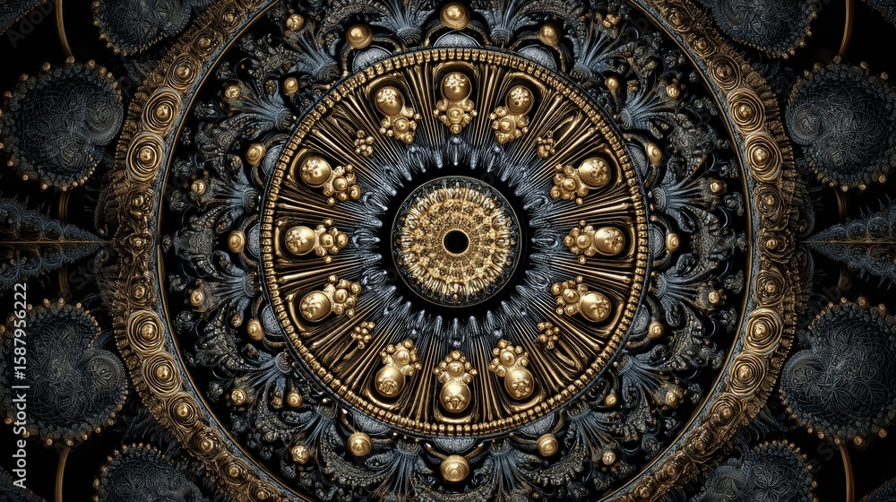 Obraz premium A fractal kaleidoscope pattern in metallic gold and black, hypnotic symmetry 