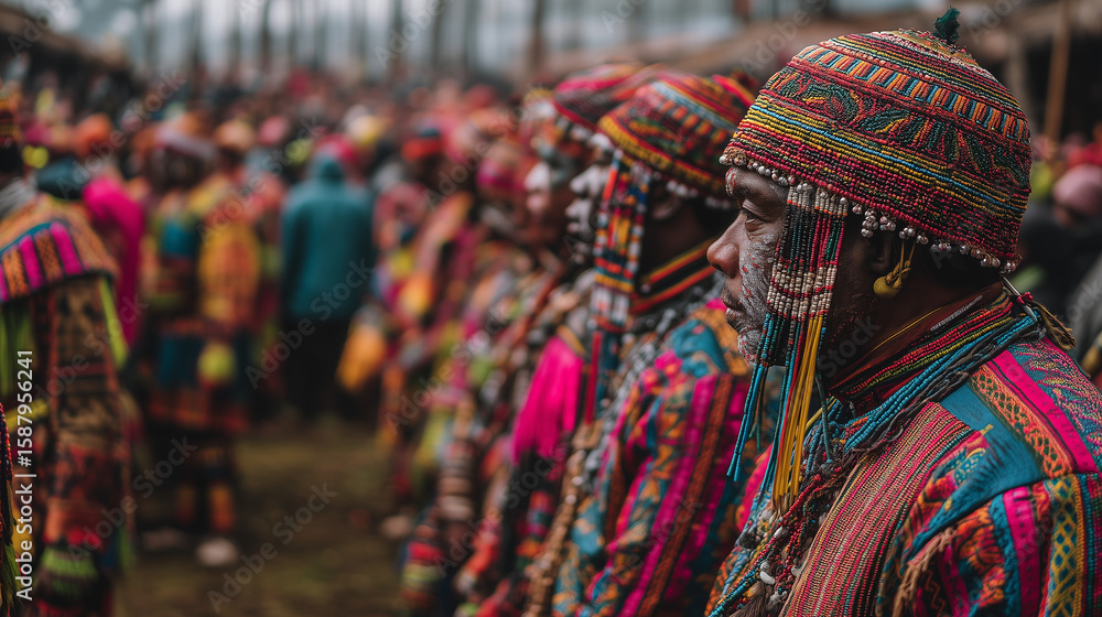 Obraz premium Men in traditional multicolor tribal attire with face paint stand in solemn formation for World Tribal Day cultural ritual