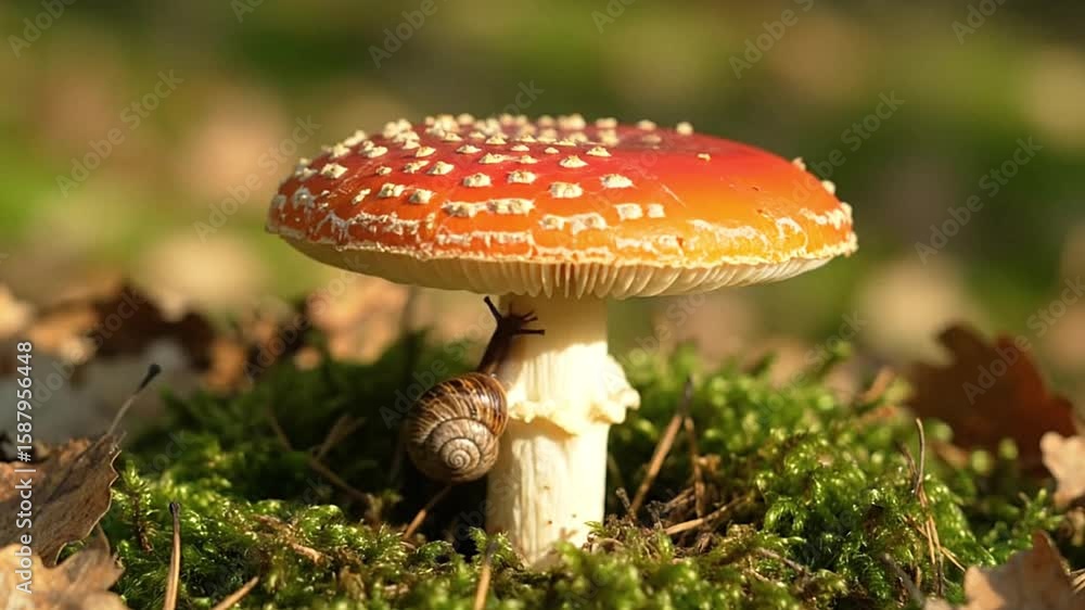A mushroom with an orange cap speckled with white dots sits amid moss and fallen leaves A snail clings to its stem A mushroom with an orange cap speckled with white dots sits amid moss and fallen leaves A snail clings to its stem