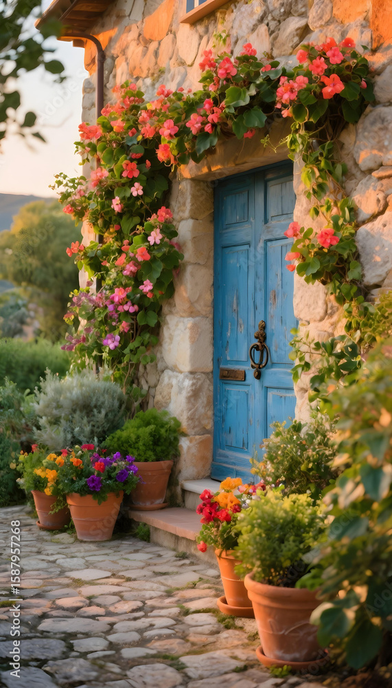 Naklejka premium Charming stone villa entrance with blue door, vibrant flowers, and warm sunlight. 