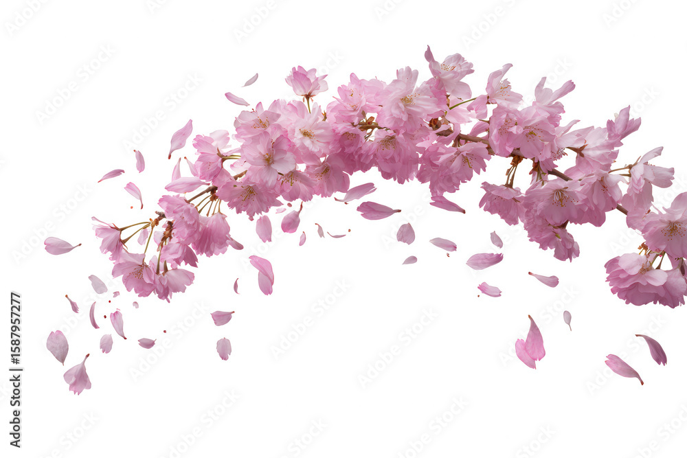 Fototapeta premium Pink cherry blossom branch with falling petals isolated on transparent background