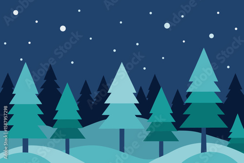 Winter Forest Landscape Illustration: Evergreen Trees, Snow, and Stars in a Minimalist Flat Design for Holiday Backgrounds