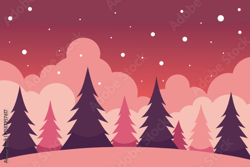 Winter Forest Landscape Vector: Snowy Pine Trees, Pink Sky, Flat Design Illustration for Christmas & Holiday Backgrounds