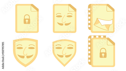 Yellow document icons with locks and masks file security