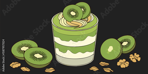 Layered green smoothie topped with fresh kiwi slices and crunchy walnuts black background vector illustration.

