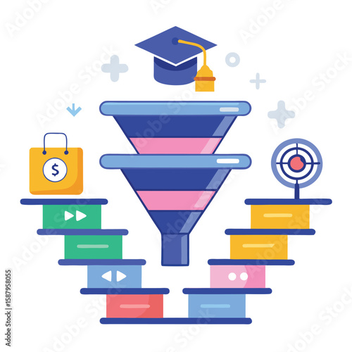 Conceptual illustration depicting education, finance, and goals using a funnel graphic and stages showing progression toward achieving objectives.